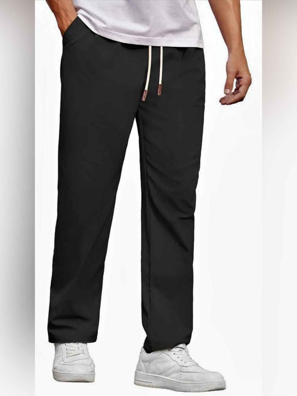 COOFANDY Men's Casual Black Chino Pants Drawstring Elastic Waist Relaxed Fit Pan